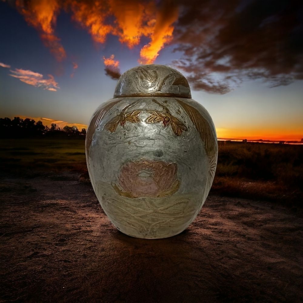 Vintage Brass Ginger Jar Urn Vase Painted Silver Dragonfly Lotus Flowers Patina. - Picture 13 of 16